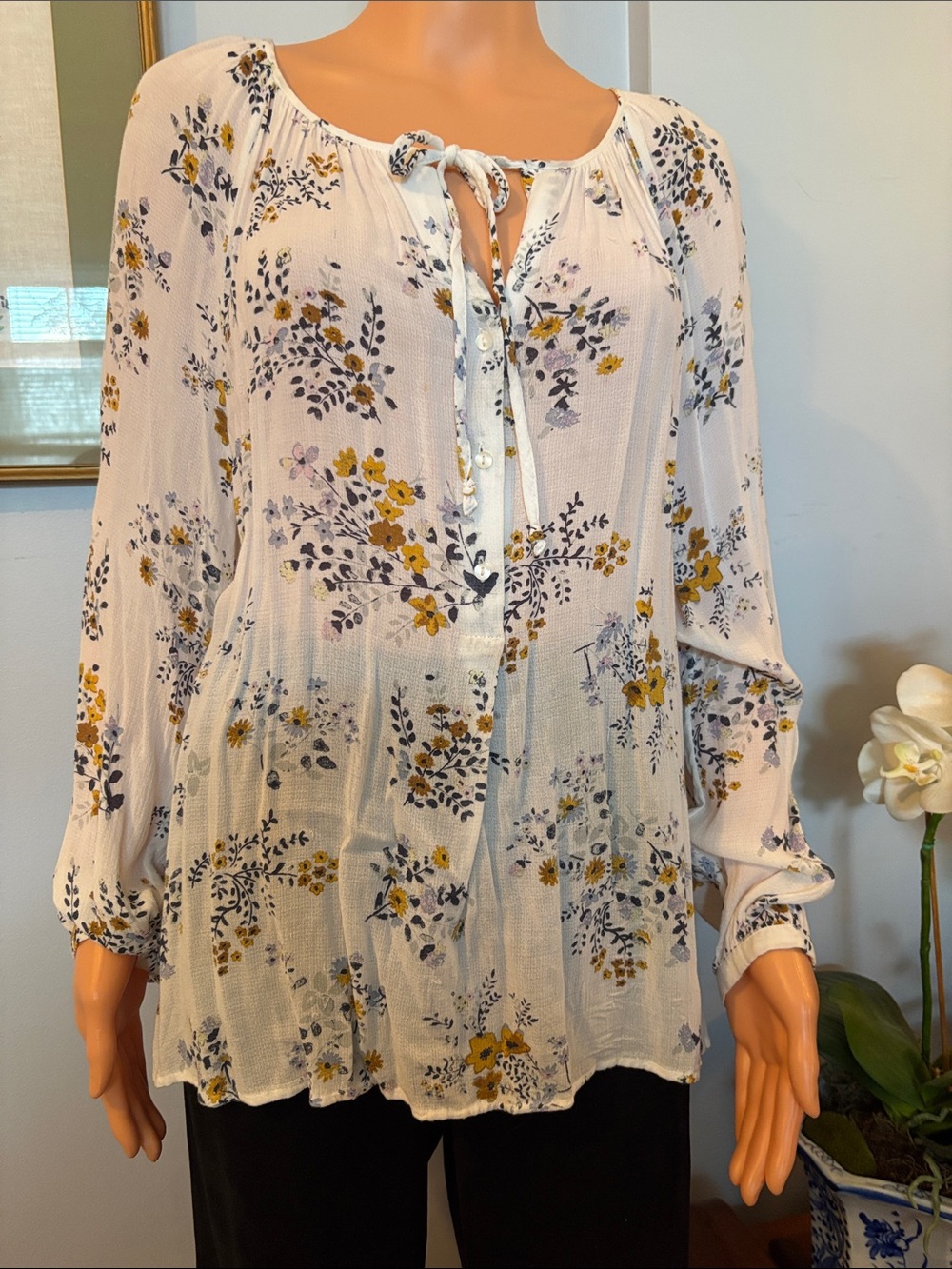 Lucky Brand White Peasant Blouse with Yellow & Navy Floral